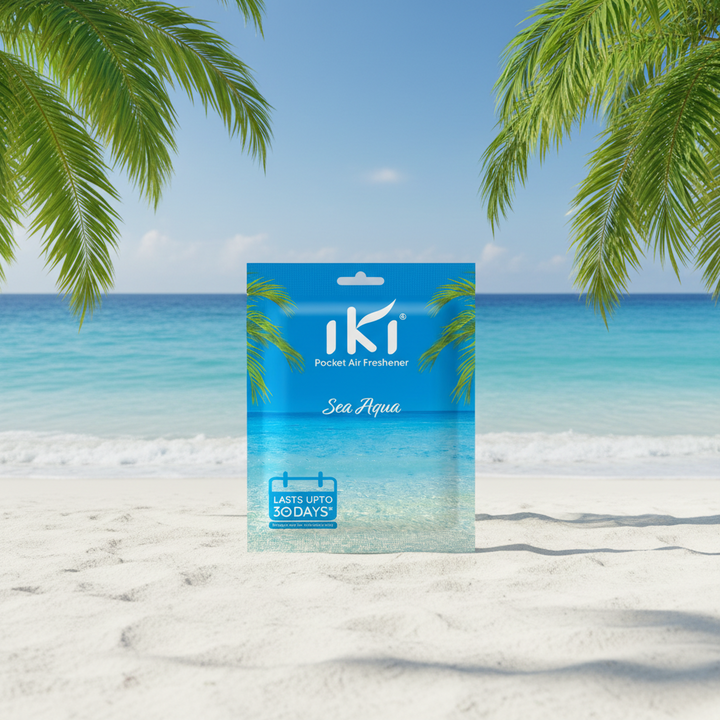 IKI Pocket Air Freshener packaging with tropical beach scene and 'Sea Aqua' scent on a blue ocean background